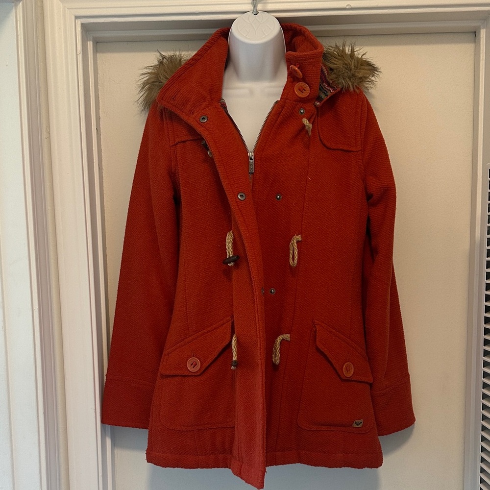 Women's Roxy Hooded Wool-Blend Zip/Toggle Coat - Rust, detachable fur hood.